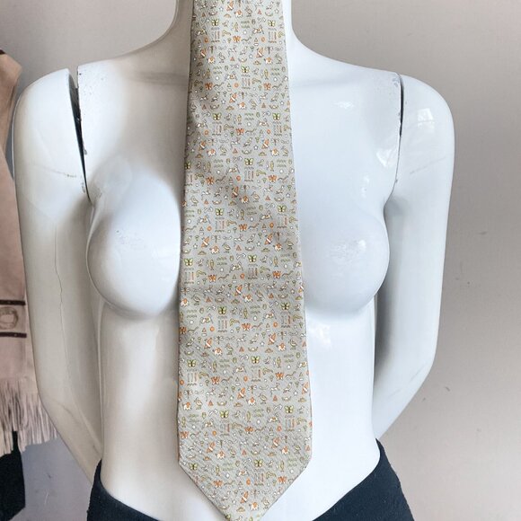 Salvatore Ferragamo Silk Beige Egyptian Hieroglyphics  Men's Necktie - Picture 2 of 9